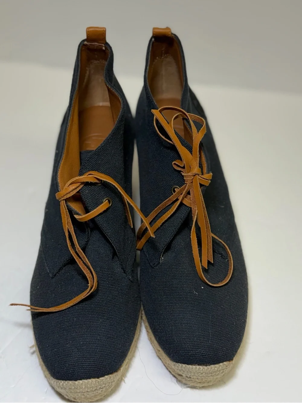 Tory Burch Black Canvas Espadrille Wedges with Tan Leather Trim Size‎ 7